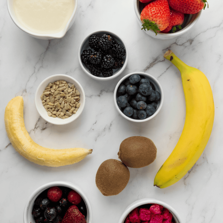 Ingredients needed for First Watch Chia Pudding Bowl (Superfood Recipe) on kitchen table.