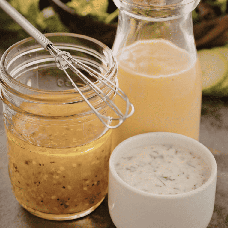 Pouring dressing into jar and sealing tightly closed