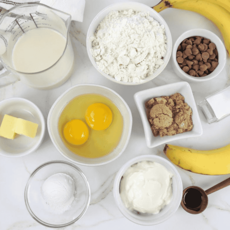 Ingredients needed for First Watch Lemon Ricotta Pancakes on kitchen table.
