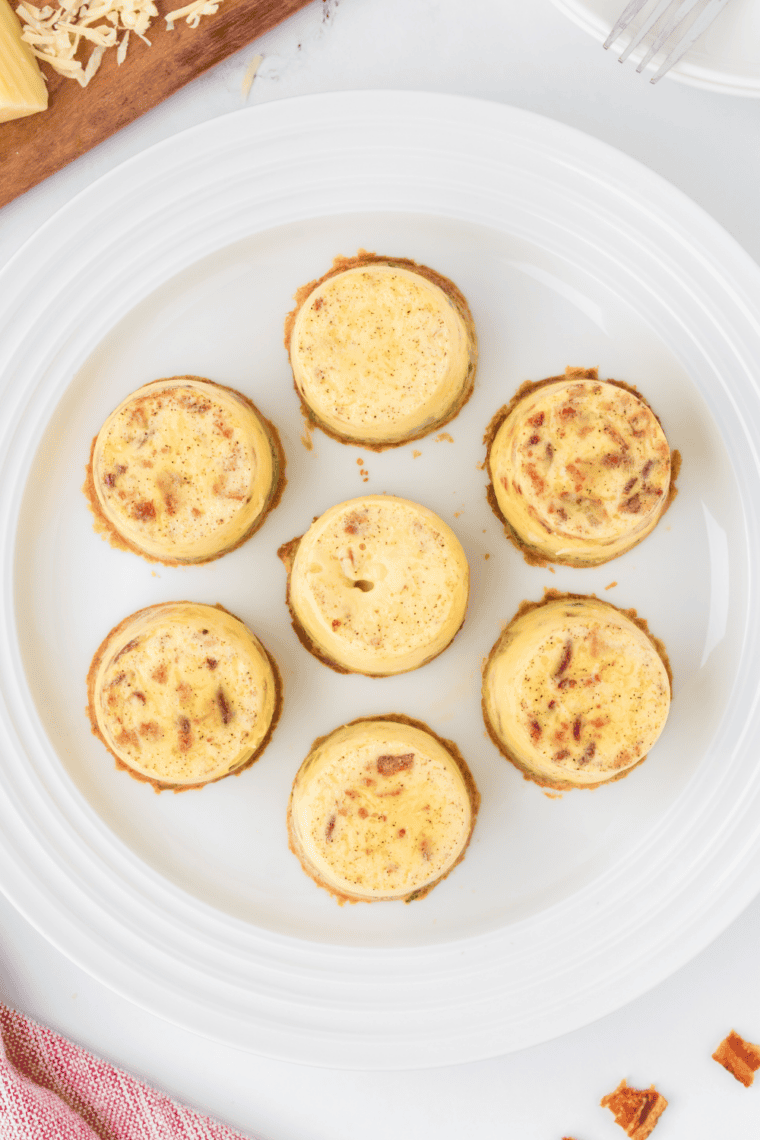 Close up of Scooter’s Egg Bites Recipe on white plate.