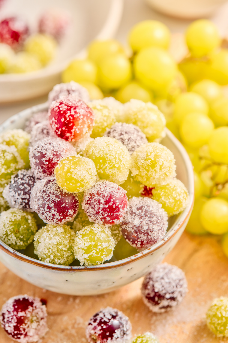 Close up of homemade sugar coated grapes served as a sweet snack or party treat