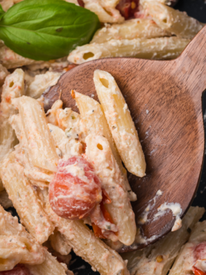 Air fryer Boursin pasta with cherry tomatoes and creamy cheese sauce