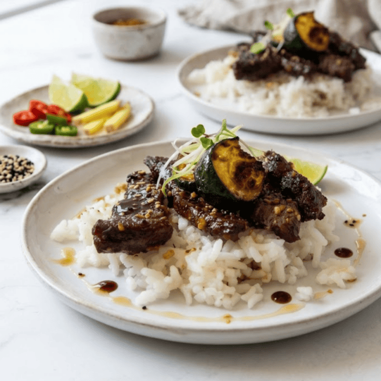 Air fryer bulgogi beef with zucchini and sesame seeds in bowl