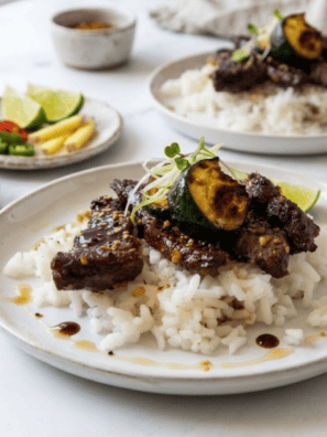 Air fryer bulgogi beef with sliced zucchini in a bowl topped with sesame seeds