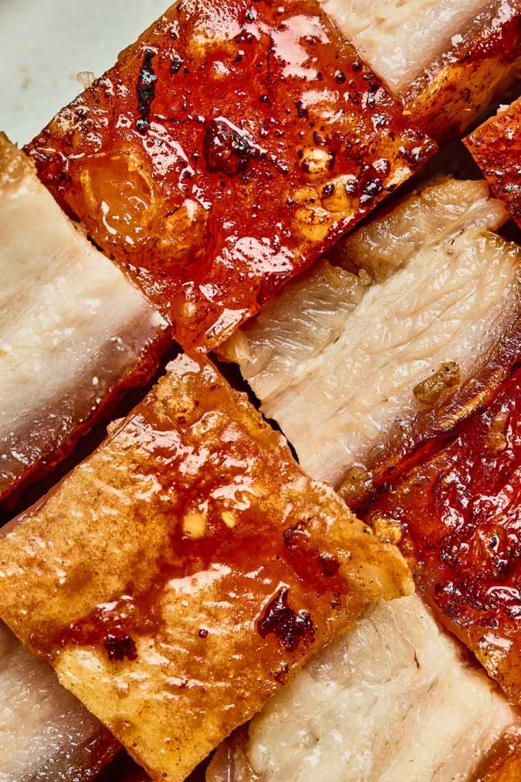 Chinese crispy pork belly (Siu Yuk) served with hoisin and mustard dipping sauces
