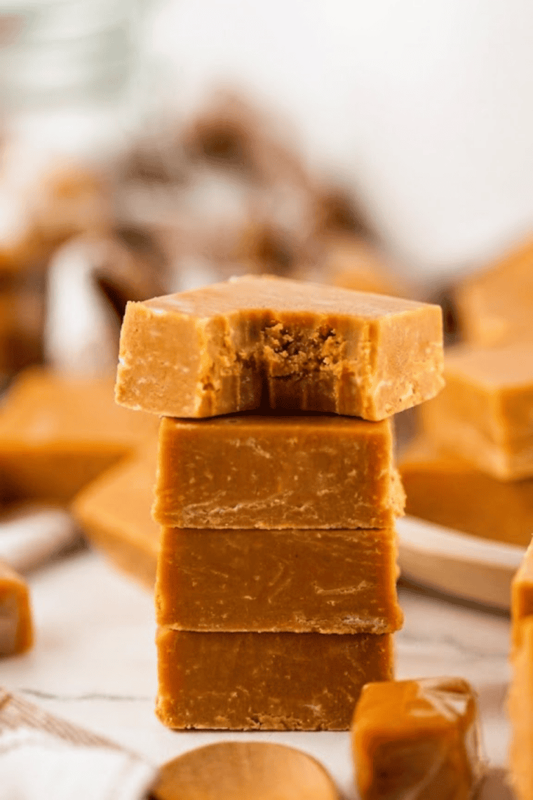 Close-up of chocolate caramel marble fudge showing the caramel marble swirl through dark chocolate