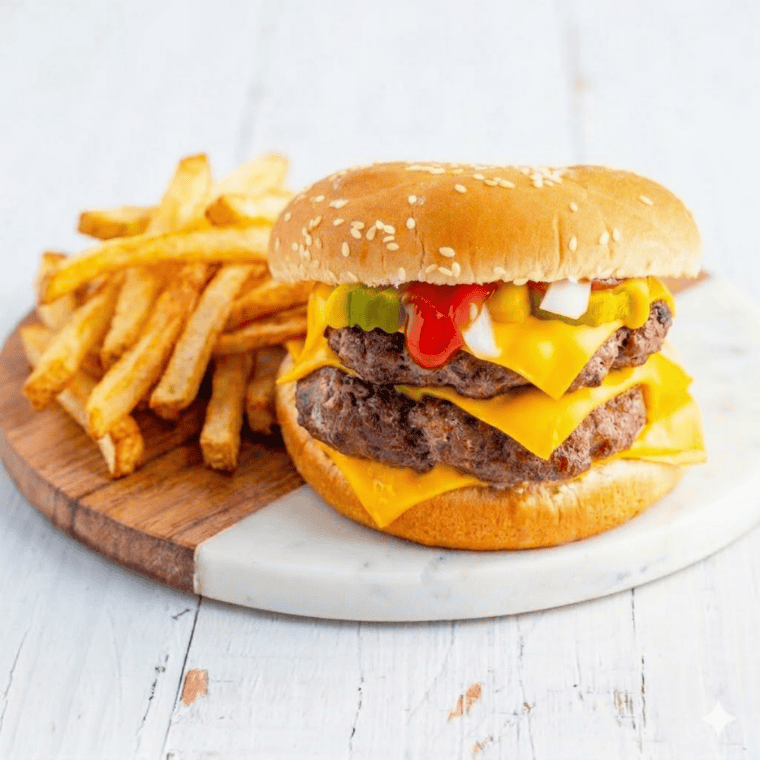 Copycat McDonald's Double Cheeseburger stacked high with two beef patties, two slices of American cheese, pickles, mustard, and ketchup