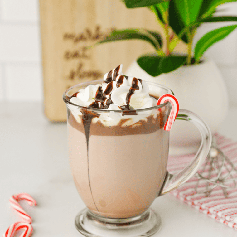 White mug of creamy crockpot peppermint hot chocolate topped with whipped cream and crushed candy canes