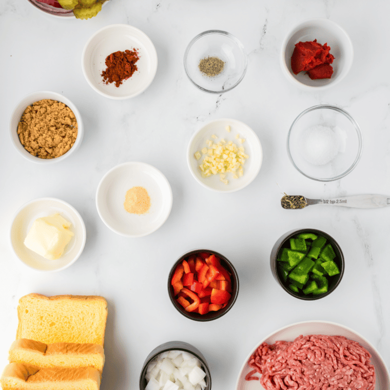 Ingredients needed for Homemade Sloppy Joe Mix on kitchen table.