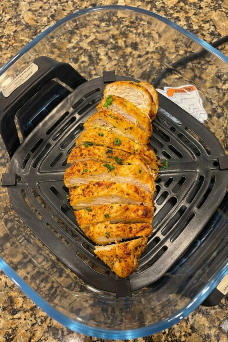 Crispy ginger-garlic chicken breasts cooked in Ninja Crispi air fryer