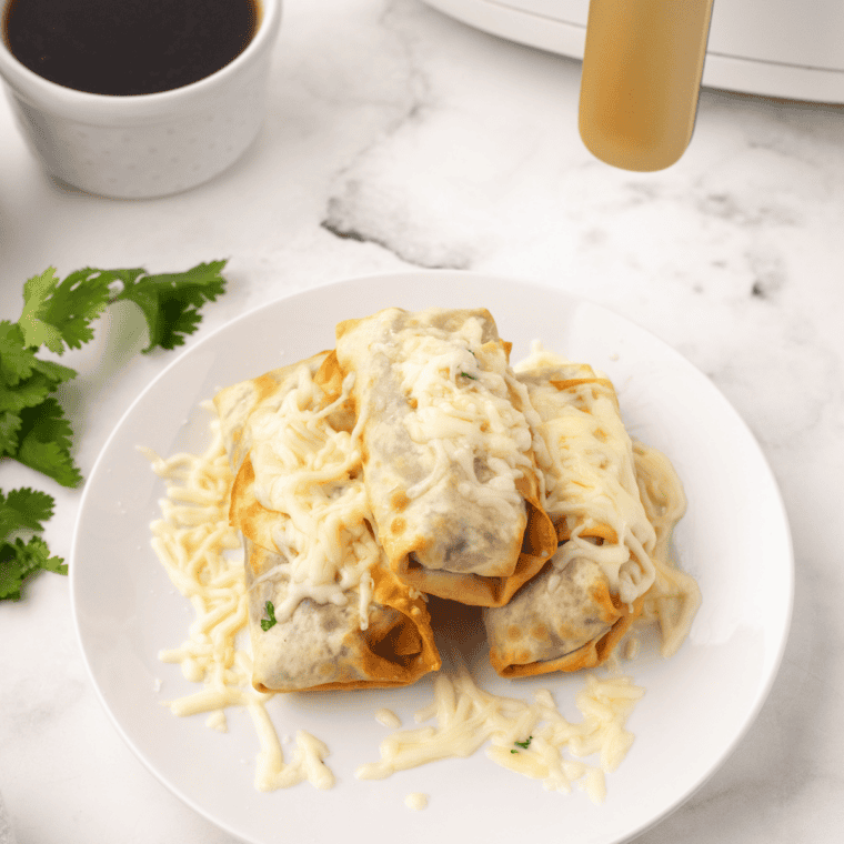A plate of easy air fryer birria egg rolls made with Trader Joe's birria, served with consommé