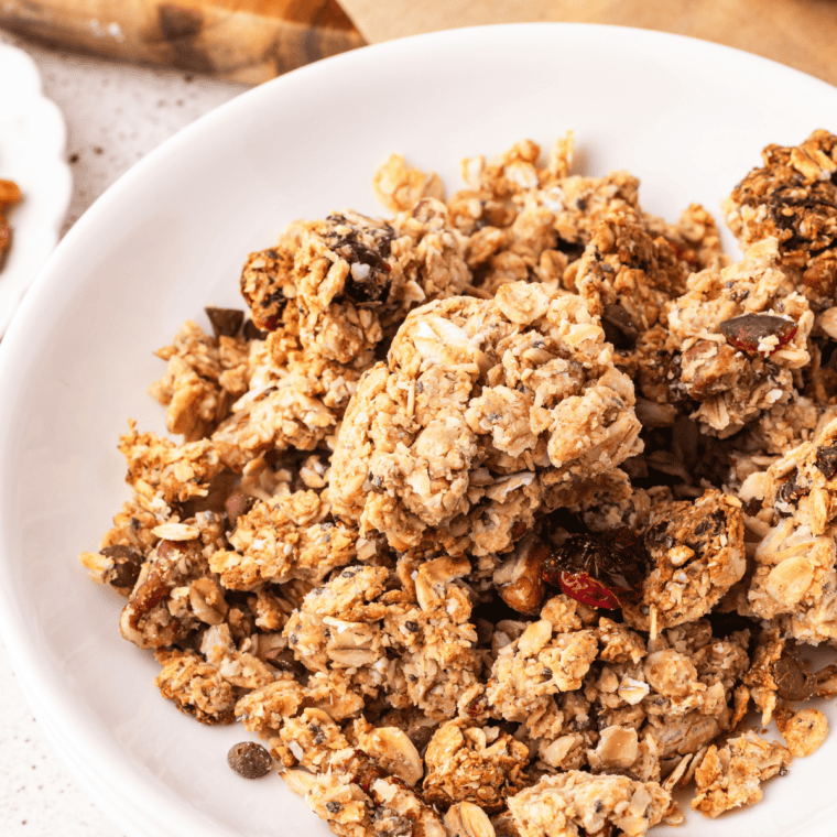 Air fryer peanut butter granola clusters in a glass jar