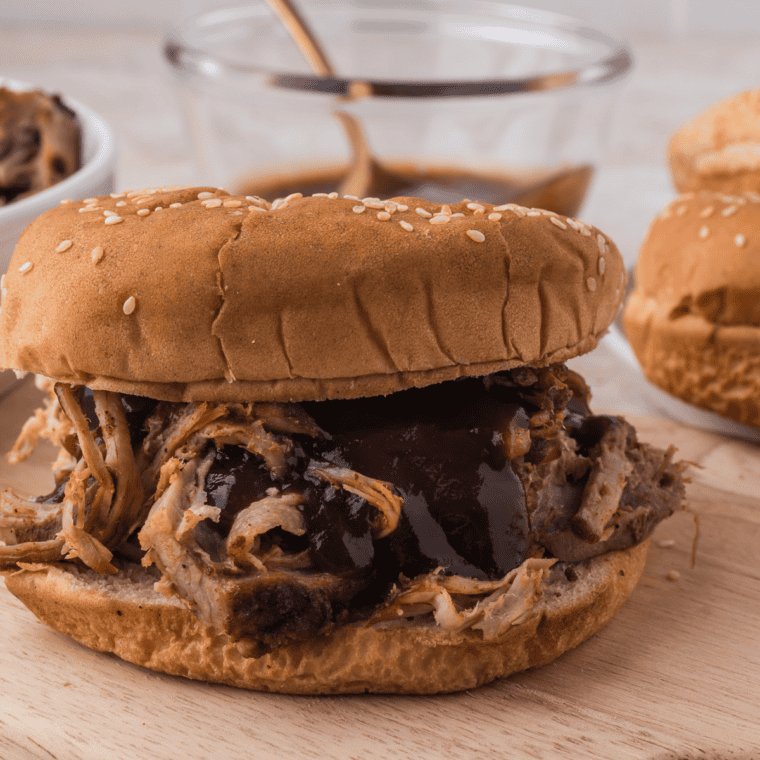 Pulled pork sandwich made with copycat Jack Daniel's pork rub on a brioche bun