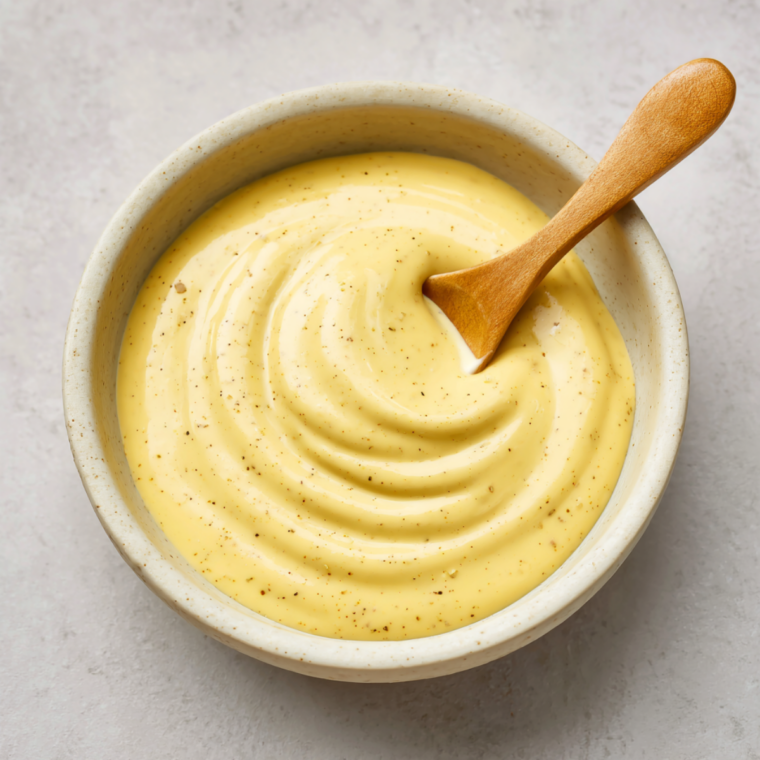 Homemade Copycat McDonald’s Honey Mustard ingredients being whisked together in a small bowl until smooth, creamy, and evenly blended.