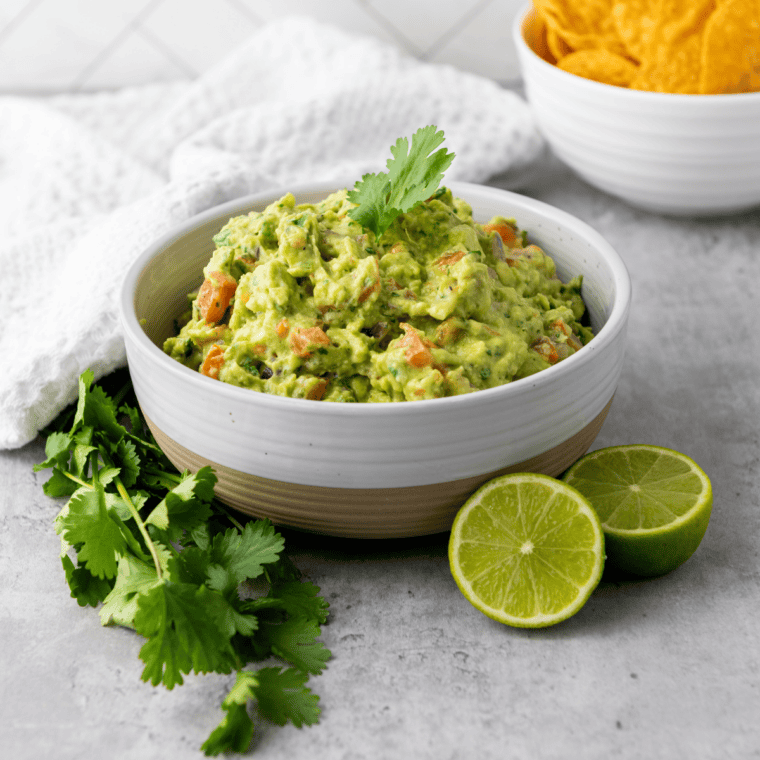 Overhead view of vegan guacamole in a stone bowl surrounded by tortilla chips, lime, and jalapeño
