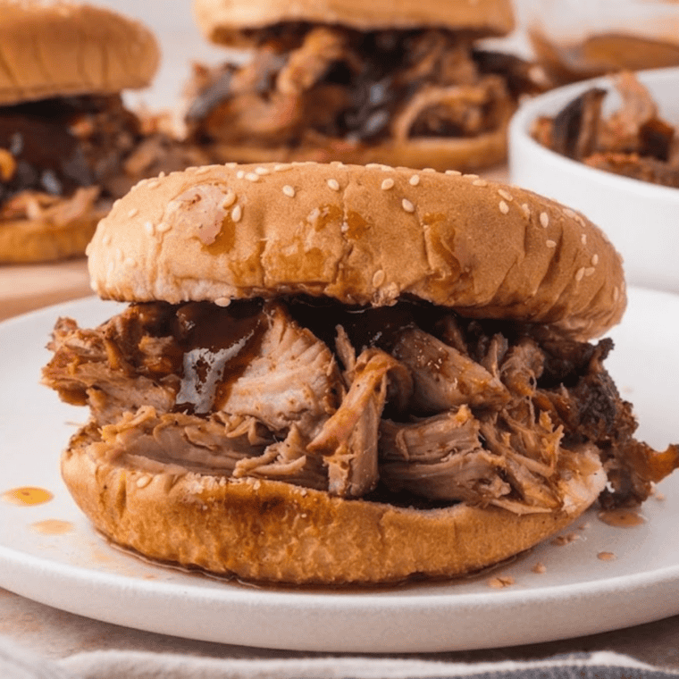 Jack Daniel's pulled pork piled on a toasted bun with coleslaw and pickles