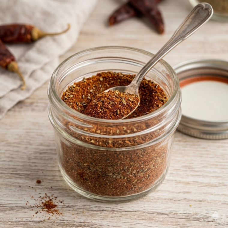 Homemade 7 pepper seasoning stored in airtight glass jar with label.