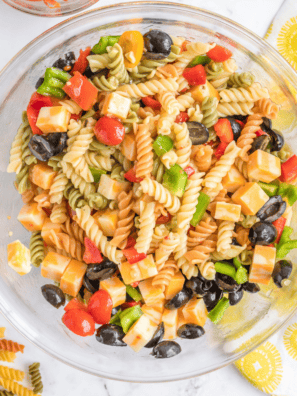 mccormick salad supreme recipe pasta salad in serving bowl with fresh vegetables"