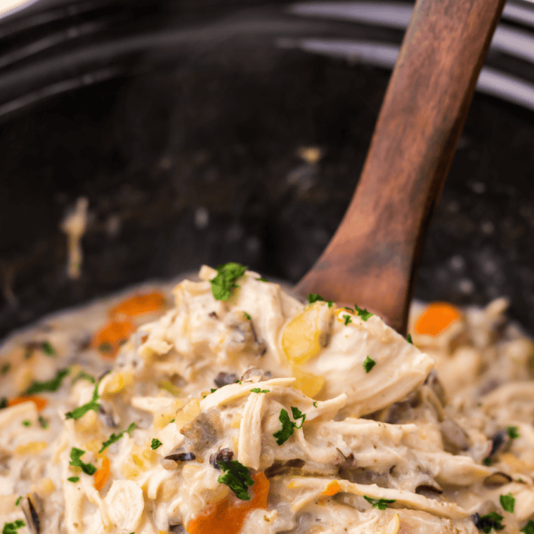 Bowl of creamy slow cooker chicken and wild rice soup ready to serve
