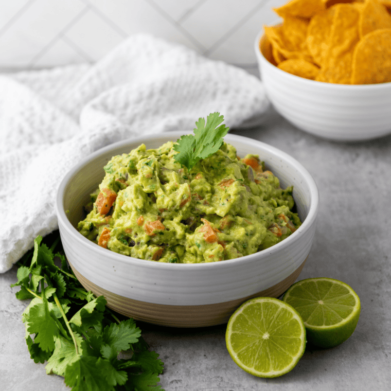 Bowl of spicy guacamole topped with sliced jalapeño, cilantro, and flaky salt, with lime wedges alongside.