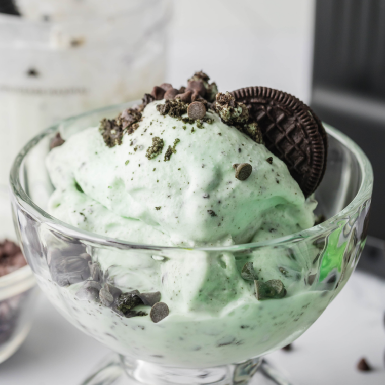 Copycat Blue Bell mint chocolate chip ice cream scooped into a white bowl, bright green with dark chocolate shards throughout.