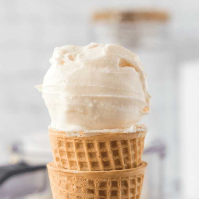 Blue Bell Sweet Cream Ninja Creami ice cream served in a waffle cone
