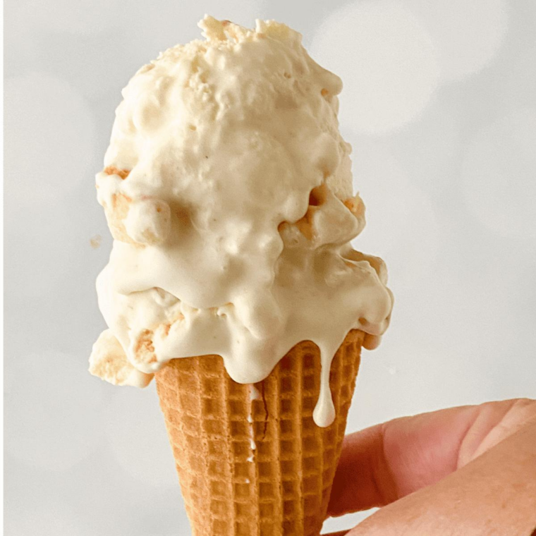 Close-up of Cold Stone Cake Batter Ninja Creami copycat ice cream showing its dense, creamy texture