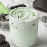Cold Stone Mint Mint Chocolate Chocolate Chip Ninja Creami copycat scooped into a white bowl with a fudge ribbon