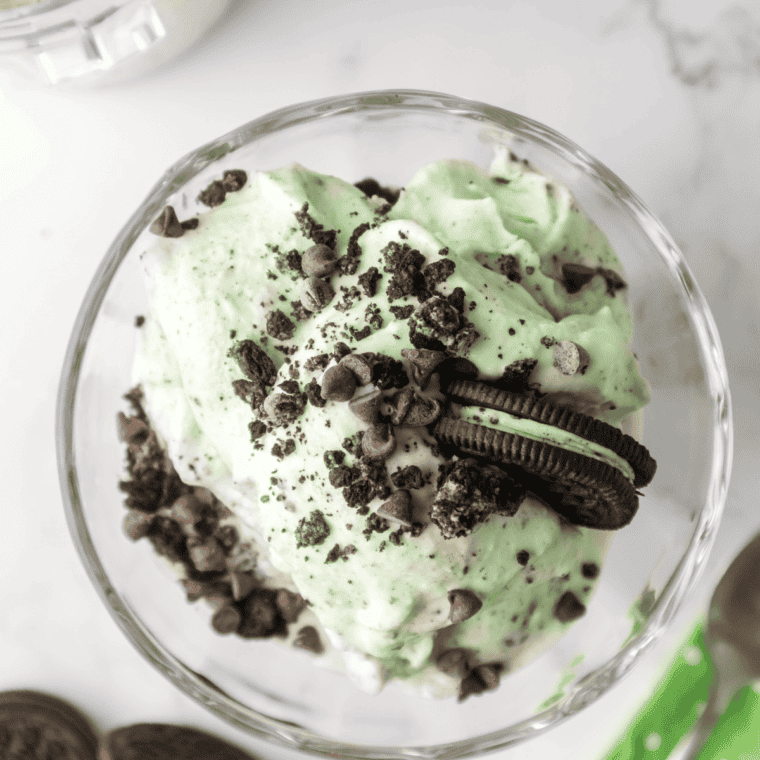 Green mint ice cream with brownie chunks and chocolate chips in a bowl with a spoon