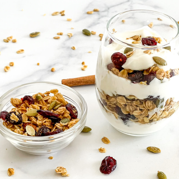 Copycat Culver's frozen custard topped with granola in a bowl