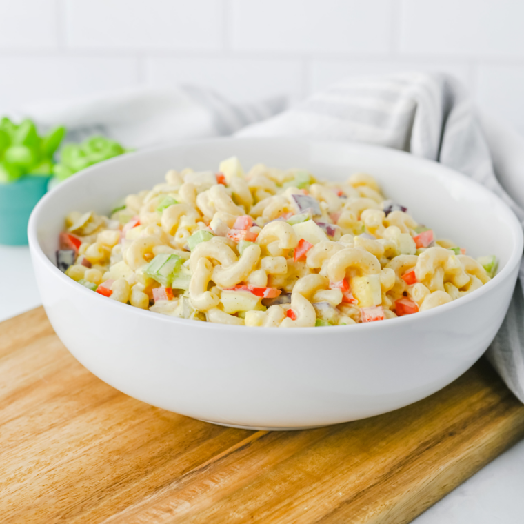 Single serving of no mayo cottage cheese pasta salad in a small bowl