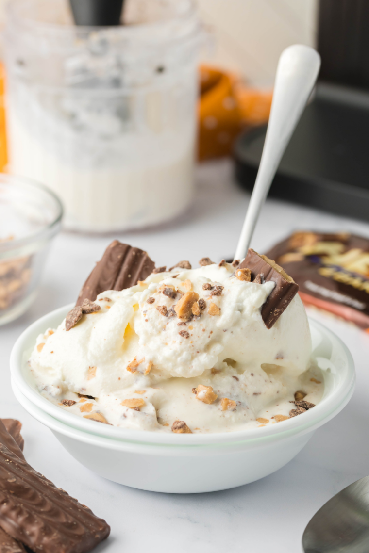 Finished healthy Ninja Creami Sonic Blast Reese's Cup scooped into a bowl, soft-serve texture