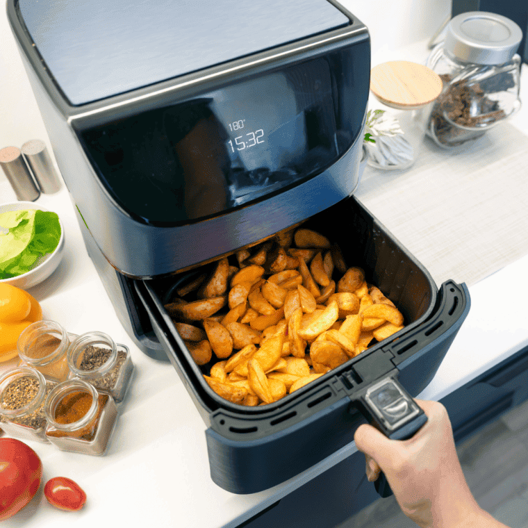 Basket-style air fryer on a kitchen counter ready to cook — clean, generic, works for most hero shots.