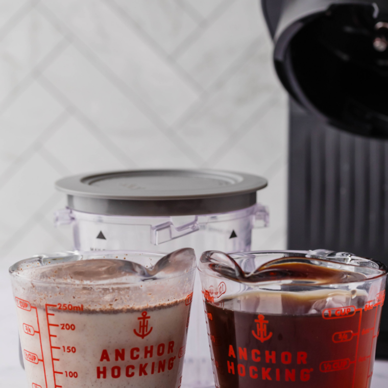 Ingredients for a Ninja Creami frappe: strong brewed coffee, whole milk, sugar and vanilla extract"