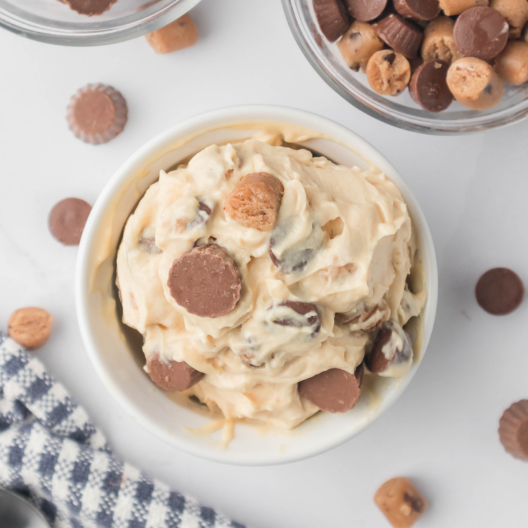 Chocolate peanut butter Ninja Creami base being whisked in a bowl before freezing