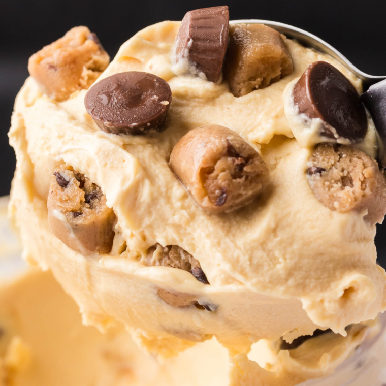 Close-up of a scoop of creamy Ninja Creami peanut butter ice cream showing its smooth, dense texture.