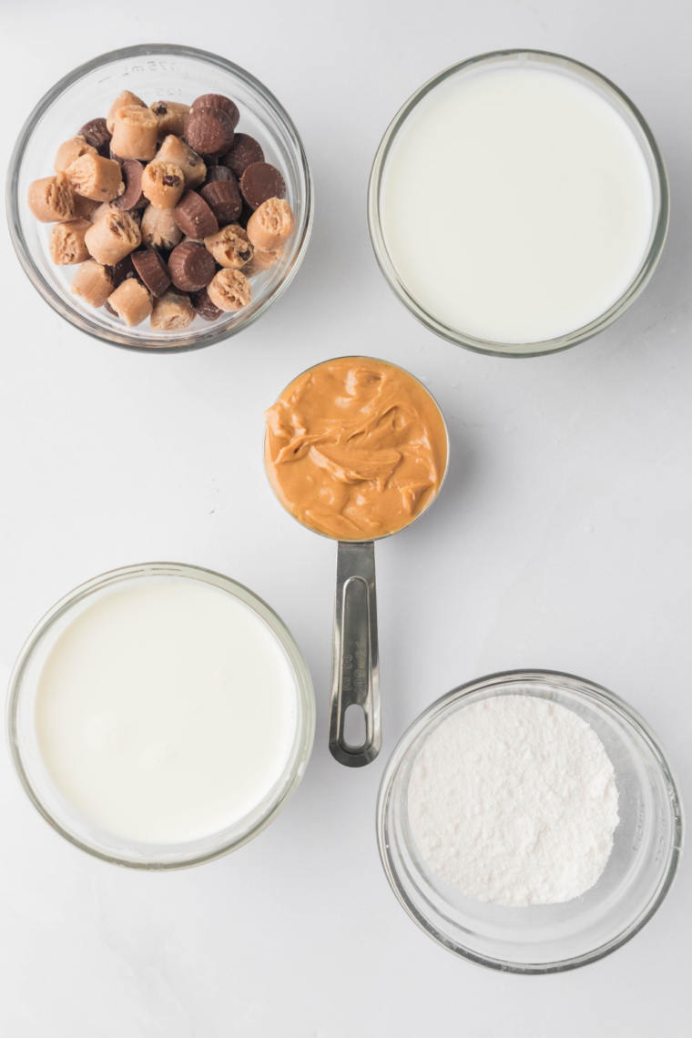 Ingredients for peanut butter ice cream: Fairlife milk, heavy cream, creamy peanut butter, sugar, and vanilla.