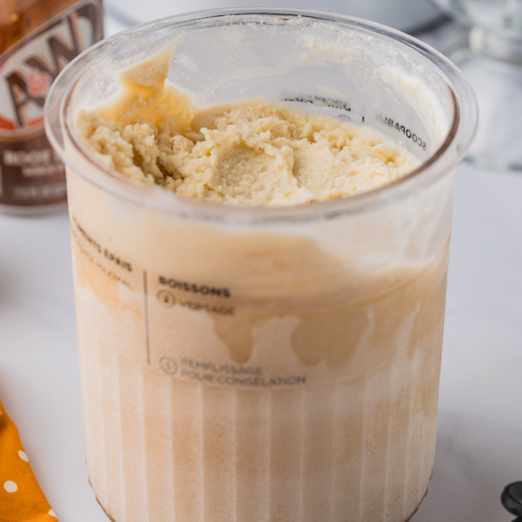 Close-up of smooth, freshly spun Ninja Creami root beer float Italian ice in a dessert cup