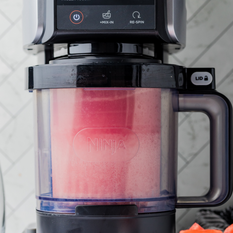 Fluffy watermelon Italian ice after the Re-spin function in the Ninja Creami