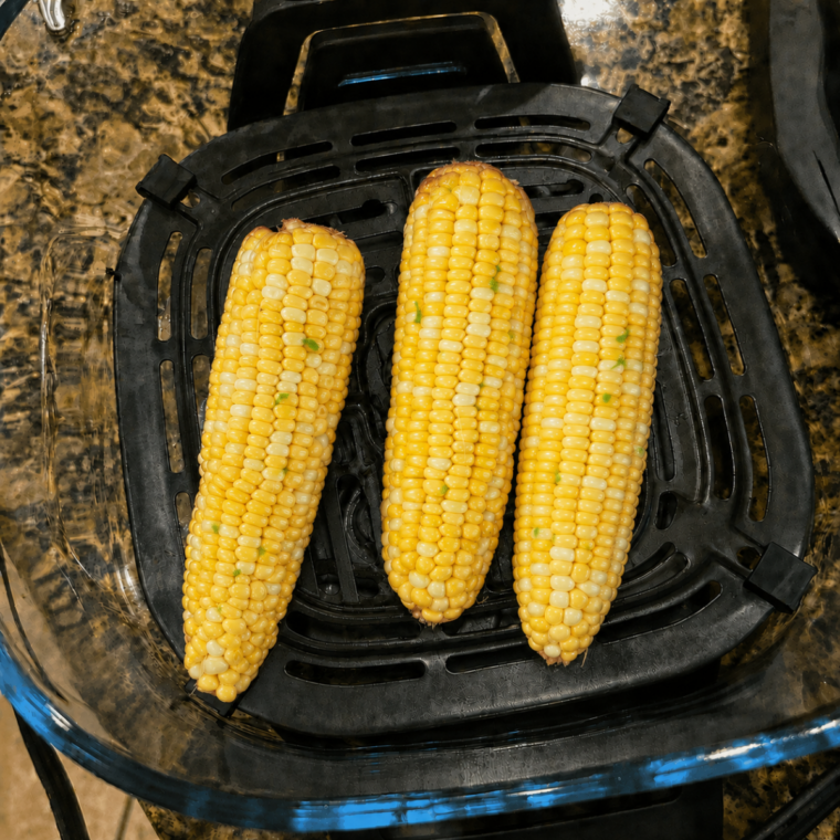 Corn on the cob turning golden with charred spots during Max Crisp in the Ninja Crispi