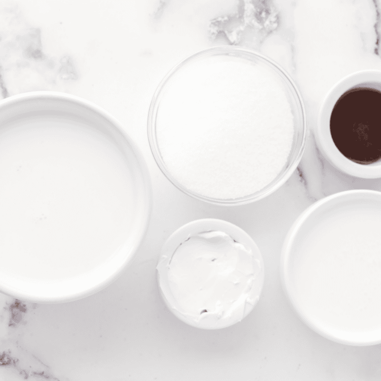 Overhead/flat lay: Overhead flat lay of milk, chocolate pudding mix, sugar, and vanilla for a Ninja Slushi milkshake