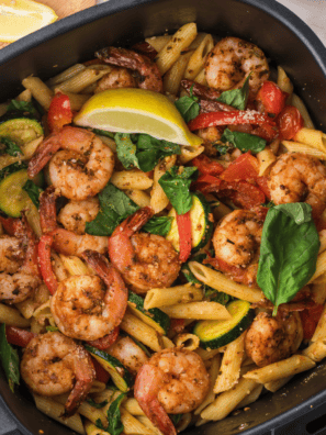 Copycat Red Lobster Cajun seasoning on raw shrimp in an air fryer basket