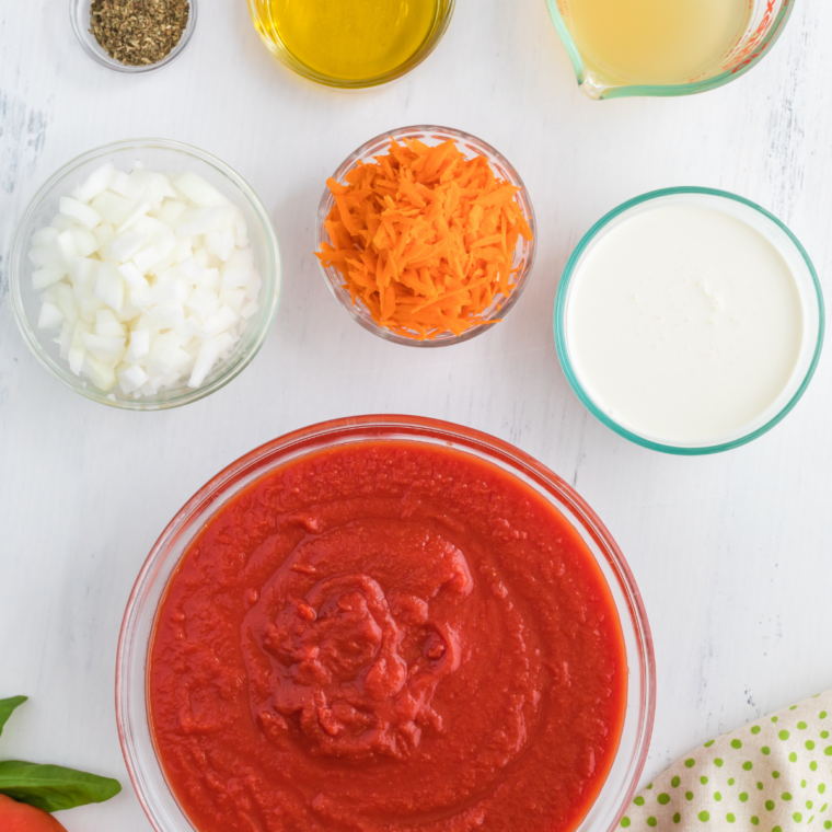 all ingredients for copycat Schlotzsky's tomato basil soup arranged
