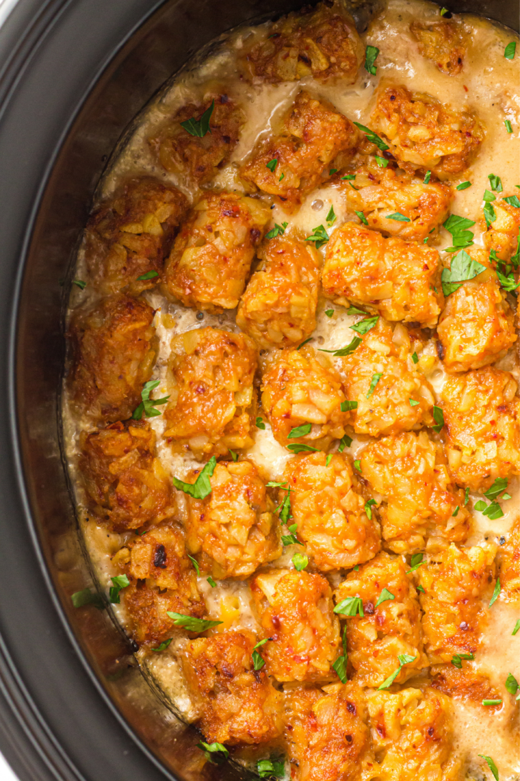Cowboy casserole with crispy broiled tater tots in a baking dish