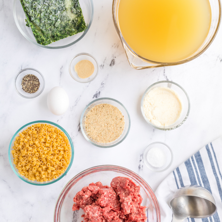 Ingredients for slow cooker Italian wedding soup including ground chicken, orzo, spinach, carrots, celery, and Parmesan