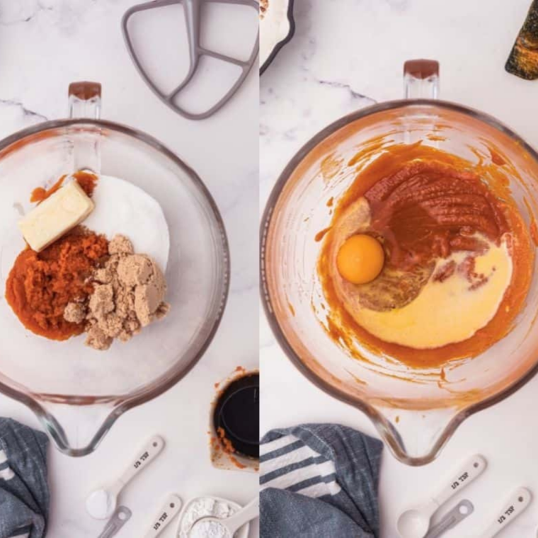 Pumpkin puree, oil, brown sugar and eggs whisked smooth in a glass mixing bowl.