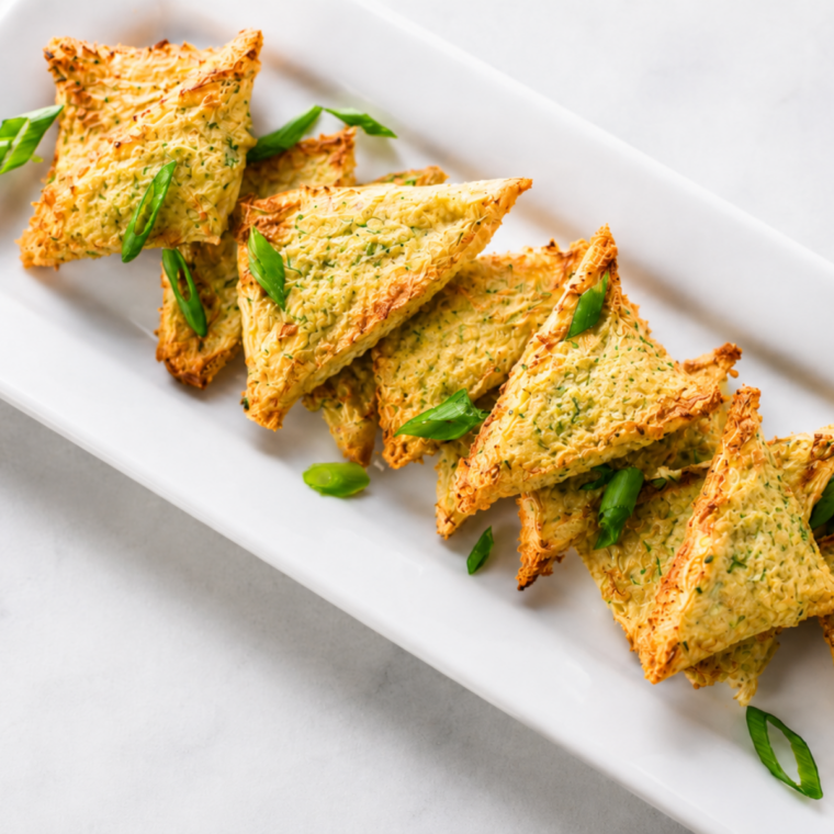 Air fryer shrimp toast triangles topped with golden sesame seeds on a plate