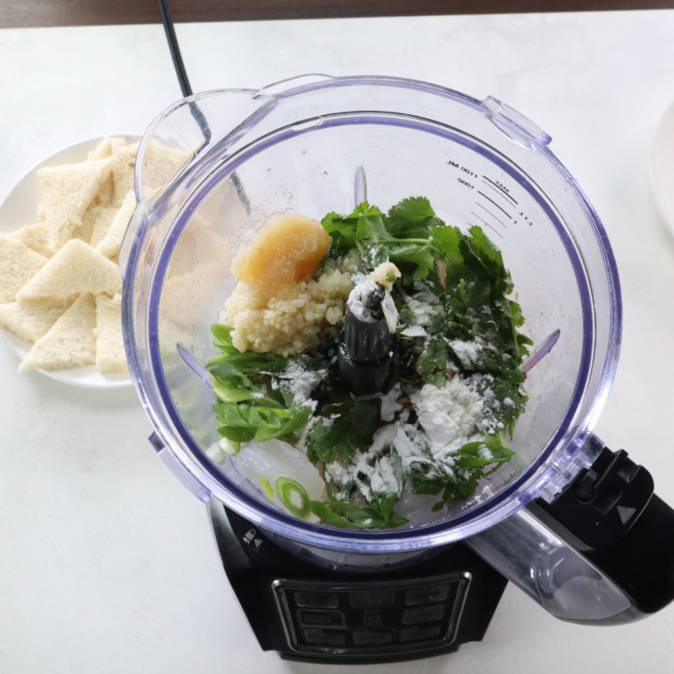 Shrimp, egg white, cornstarch, and seasonings blended into a coarse paste in a food processor
