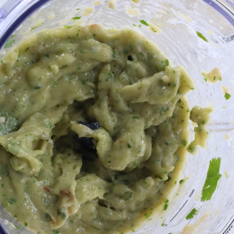 Whipped shrimp paste blended smooth in a food processor for homemade shrimp toast