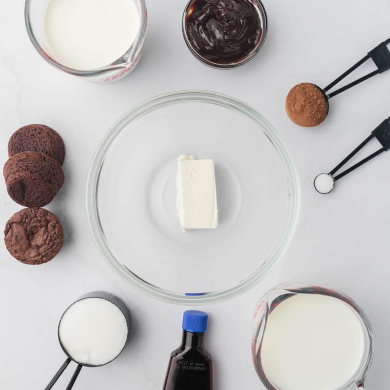 Ingredients for Cold Stone Chocolate Devotion Ninja Creami — heavy cream, milk, cocoa powder, sugar, chocolate chips, brownies, and hot fudge